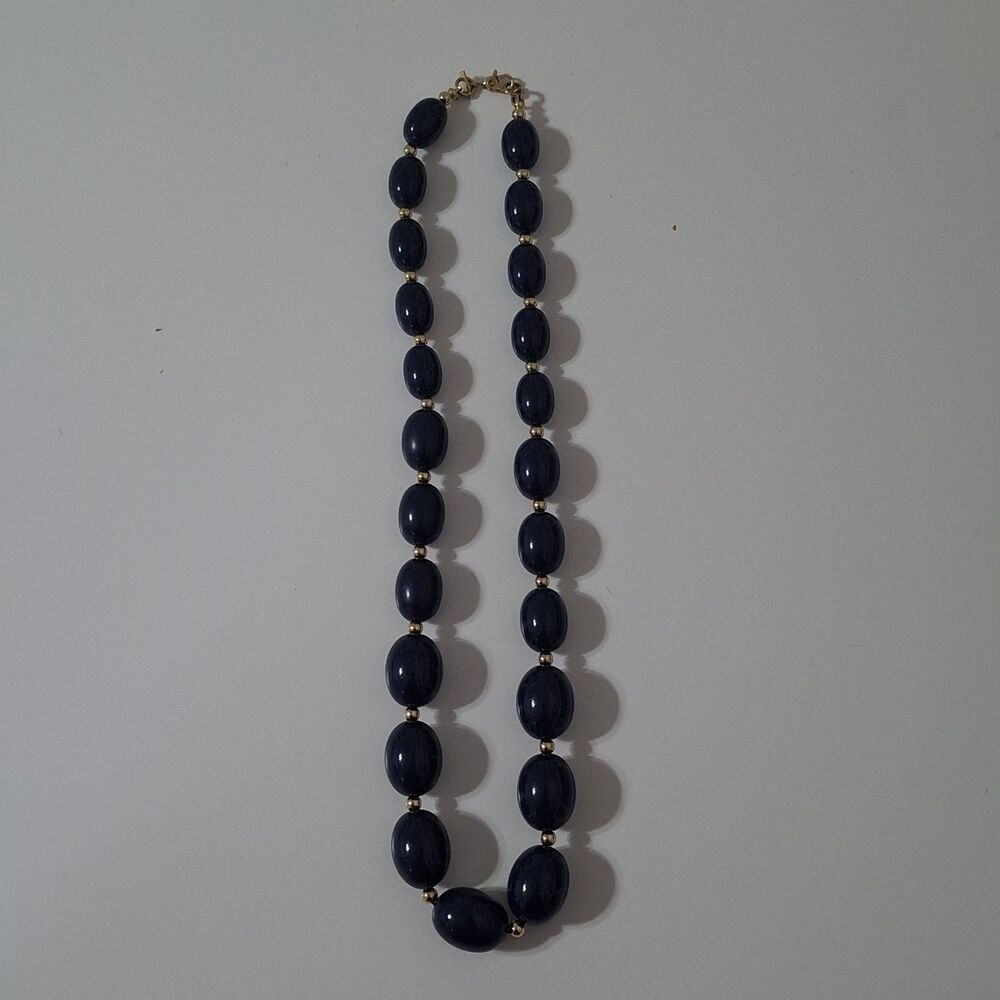 Monet Gold Tone Acrylic Graduated Navy Blue Round Olive Beaded Necklace